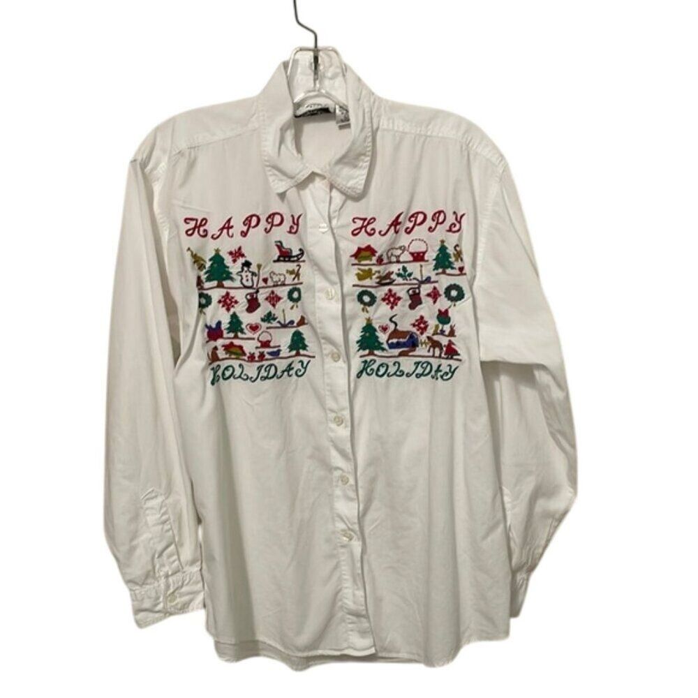 Erika & Company Vintage White Cotton Holiday Embroidered Shirt Womens Size Large